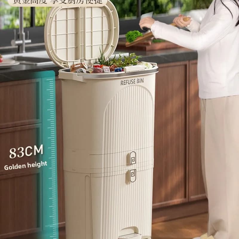 Plastic Trash Can with Foot Pedal Dual Layer Swivel Wheels Wet Dry Separation Large Capacity for Kitchen No Touch Easy Clean