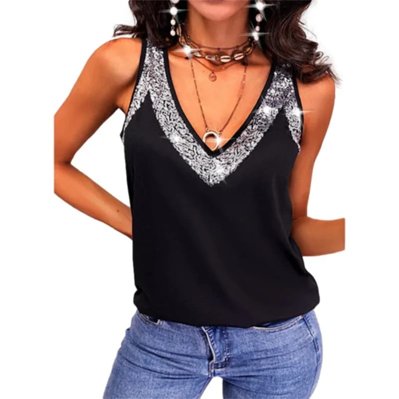 Moda paillettes decorazione scollo a V canotte donna confortevole Casual gilet allentato senza maniche t-shirt donna estate Camis Tees 2024