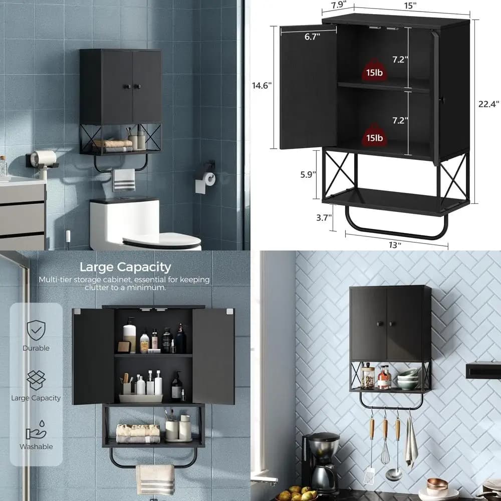 Mobiletto da Bagno a Doppia Anta con Ripiani Regolabili e Portasciugamani, Armadietto a 3 Livelli Sopra il WC, Nero