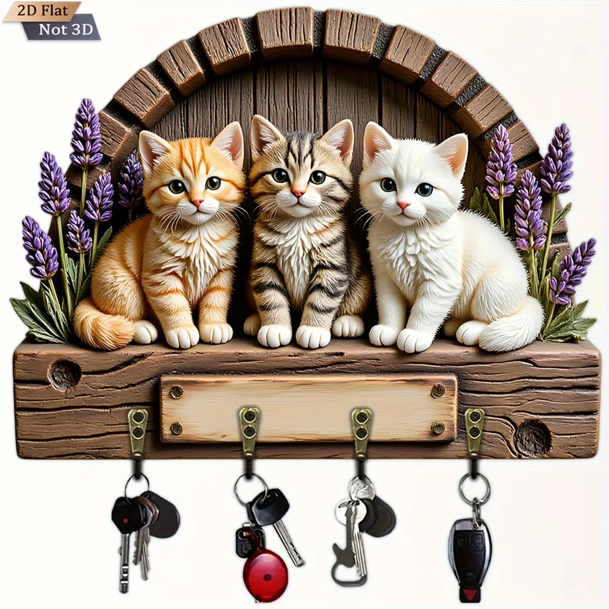 2D Flat, 1pc, Lavender Theme Style Key Hook Wooden Multifunctional Home Key Holder with Four Metal Hooks, Wall Decoration,
