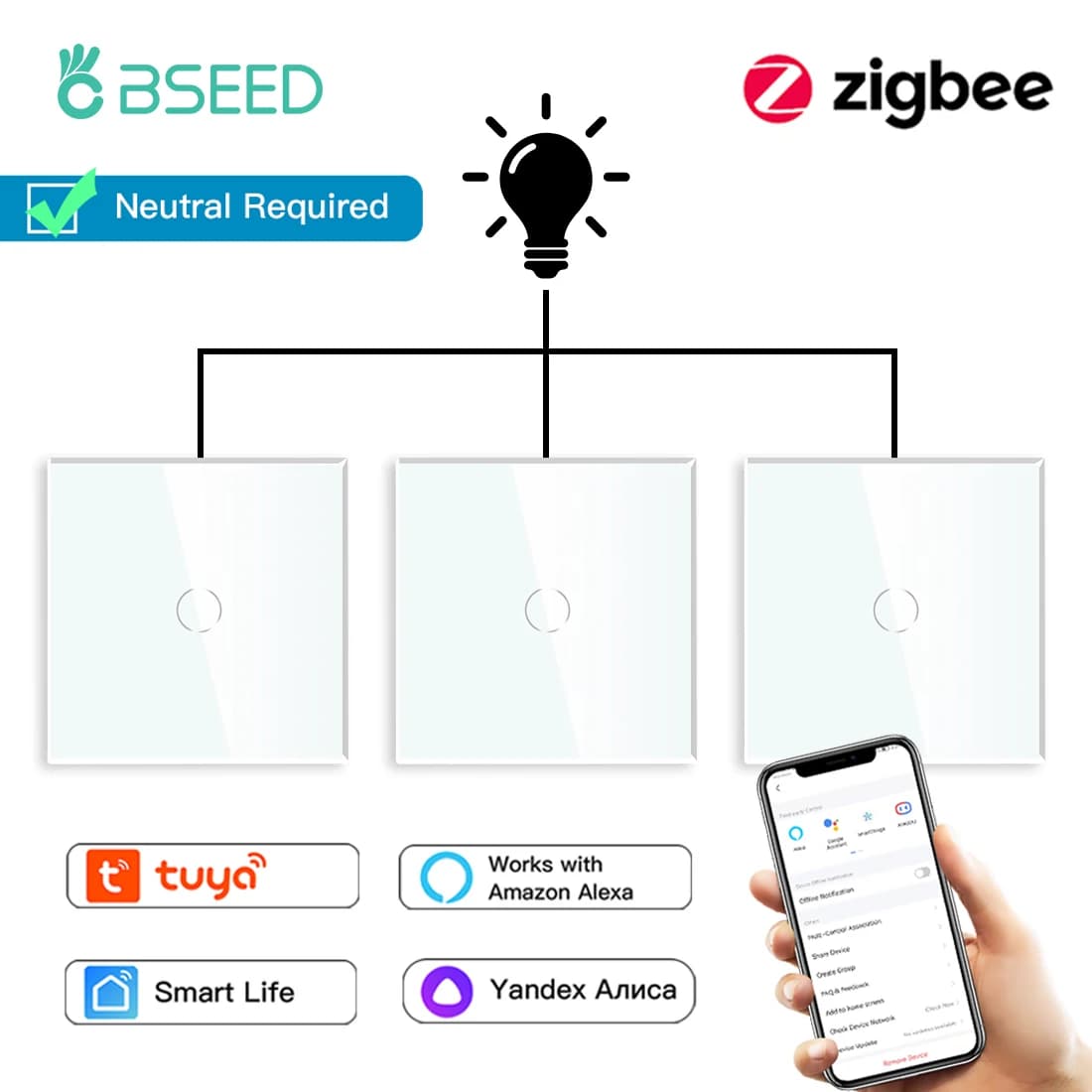 BSEED Zigbee 1Gang 3way Touch switch scale interruttori a parete Tuya Smart Life Aliexa Alice App Control pannello in cristallo 10A