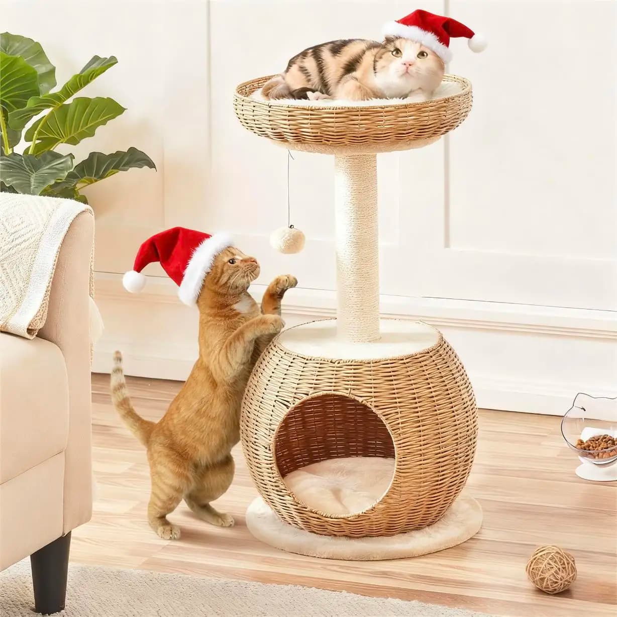 Costoffs Cat Tree Halloween, Cuccia per Gatti in Rattan Naturale da 75 cm con Tiragraffi in Sisal, Regalo Perfetto per Gatti