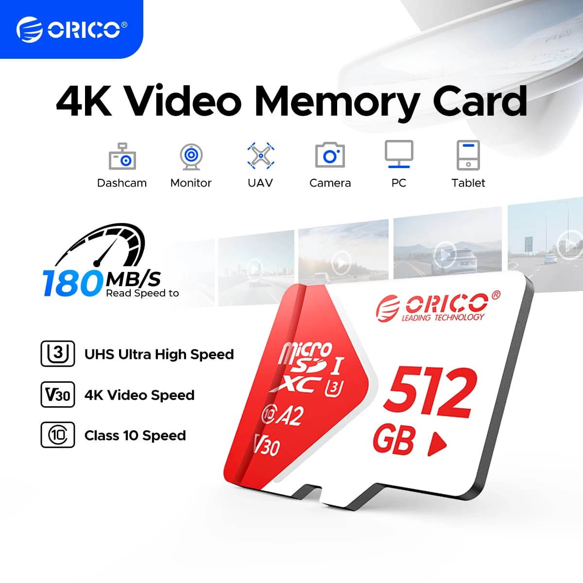Scheda di memoria ORICO Ultra microSDXC Fino a 180 MB/s Scheda MicroSD 4K UHD C10, U3, V30, 4K, A1 A2 per nintendo 3ds Camera Drone