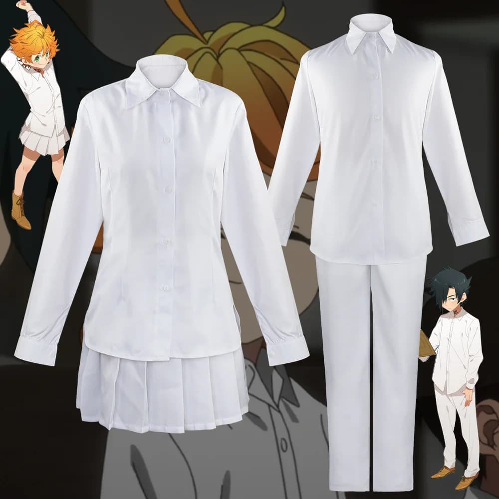 Emma Ray Cosplay Costume The Promised Neverland White Uniform Shirt Skirt Pants Full Set Anime Orphanage Outfit Halloween Party