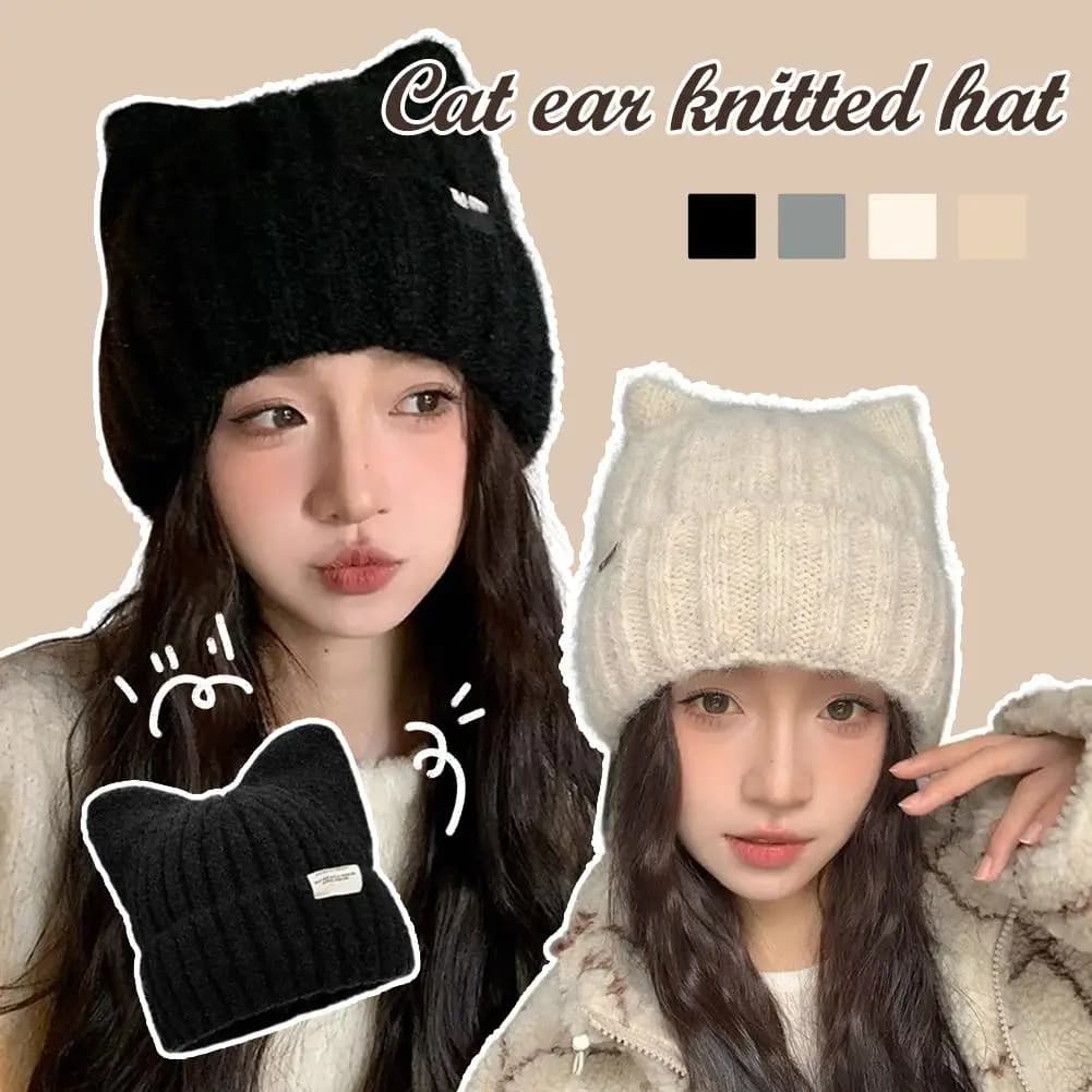 Cute Cat Ear Beanie Hat for Women - Fluffy Knitted Winter Hat with Plush Lining & Ear Warmers, Kawaii Japanese Sweet Style