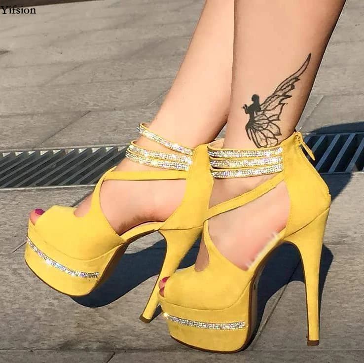 Yifsion Sandali con strass con plateau da donna Sandali con tacco alto sottili sexy Sandali con punta aperta Abito giallo Scarpe da festa Donna US Plus Size 5-15