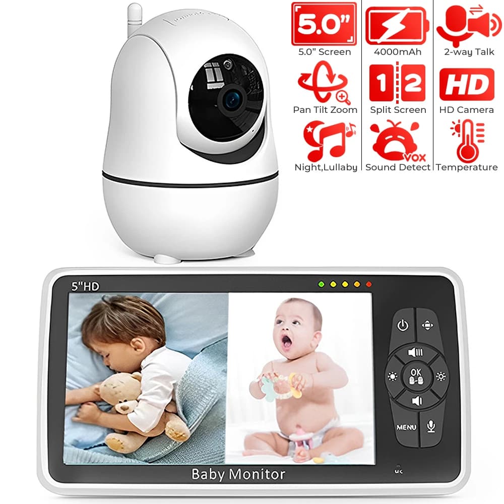 Baby Monitor Video da 5 pollici con fotocamera e Audio, Zoom 4X, batteria da 22 ore, Babyphone con sensore di temperatura Audio a 2 vie da 1000 piedi