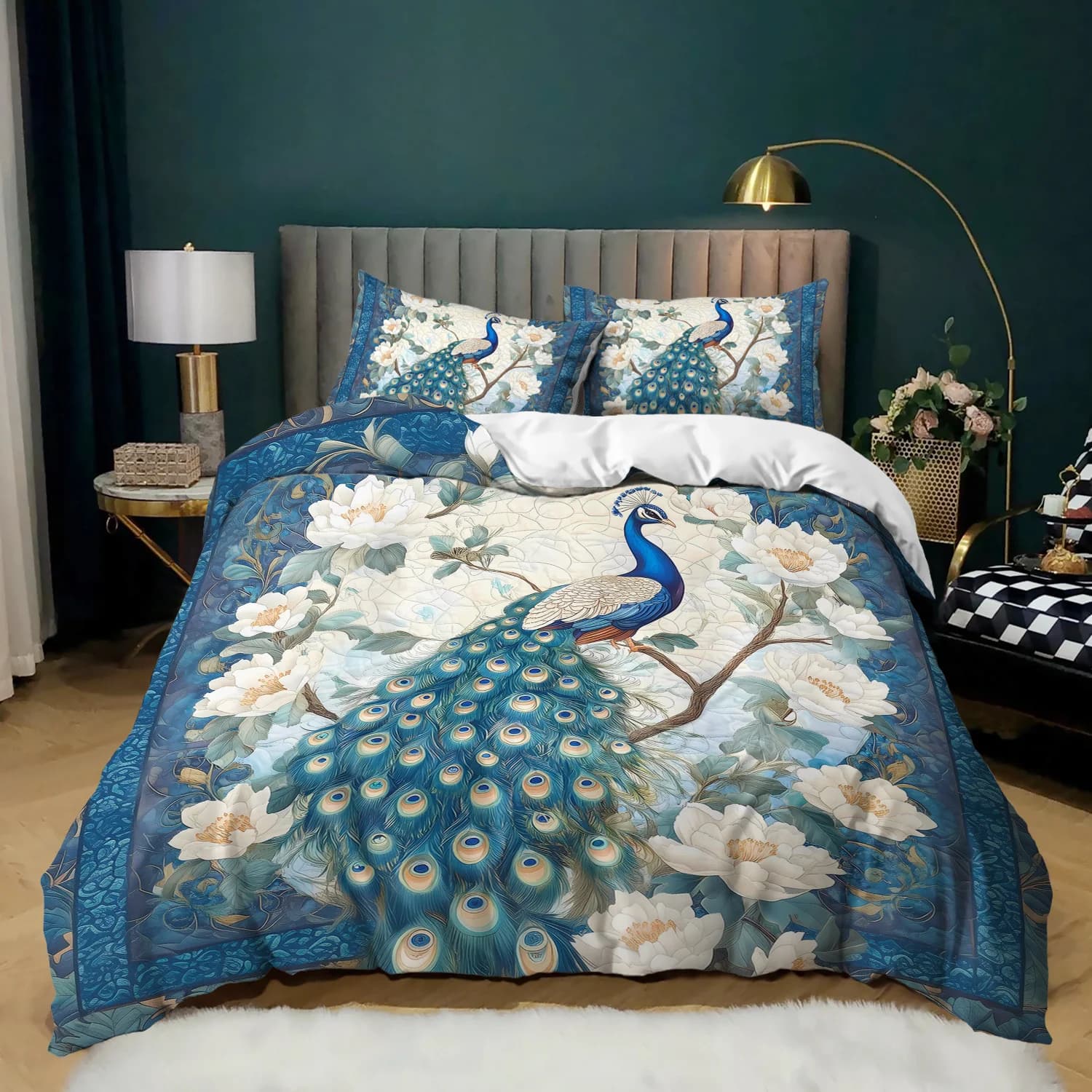 Set copripiumino per biancheria da letto floreale pavone da 3 pezzi Set trapunta per biancheria da letto elegante pavone Set trapunta per letto a tema pavone di lusso Pavone blu