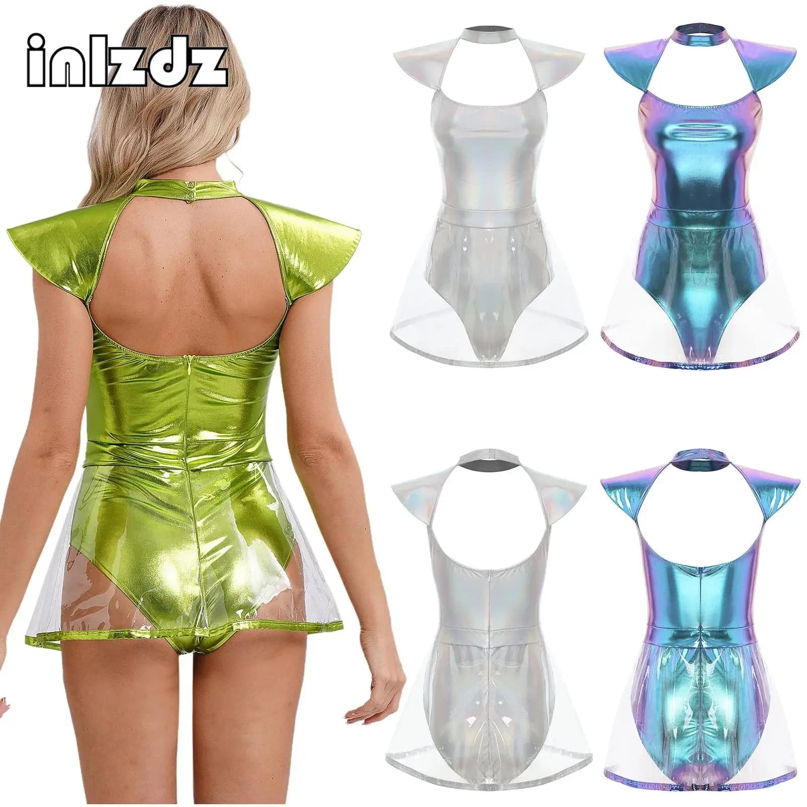 Costume da bagno intero da donna Space Alien Cospaly Costume Body con gonna in PVC per spettacoli di carnevale di Halloween