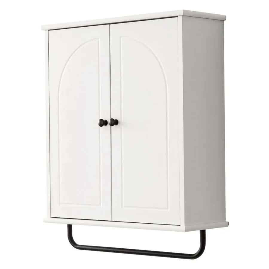 FRALIMK Armadietto Sopra WC con Porta Asciugamani, Mobiletto da Bagno Bianco con Ante ad Arco, Salvaspazio a 3 Ripiani con Adesivi
