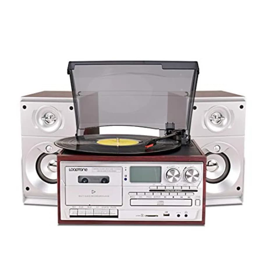 Giradischi Vintage con Doppi Altoparlanti da 15W, Lettore 9-in-1 Bluetooth CD Cassette, Radio AM/FM, USB, Aux-in, RCA Line-Out, Nero