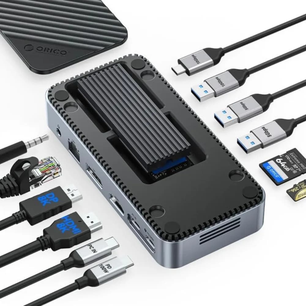 Hub USB C 12 in 1 con Enclosure SSD M.2, Docking Station 10Gbps, HDMI, DP, Ethernet, 100W PD