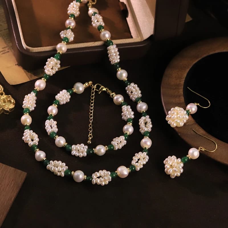 GLSEEVO Natural Pearl Ball Green Natural Stone Jewelry Set for Wedding Gift Pearl Bead Necklace Bracelet Earring Luxury Jewelry