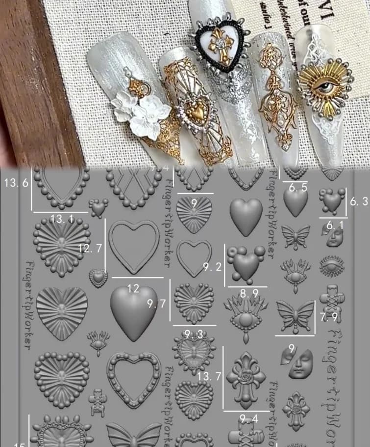 1pc heart baroque necklace French stone precious frame for photo mold acrylic 3D nail decorations silicone nail products DIY