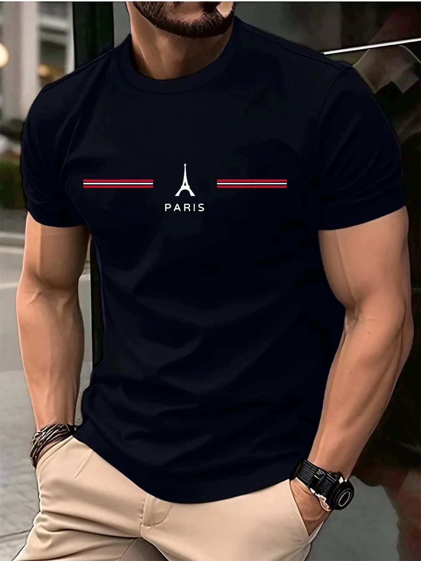 Men's Summer Pure Cotton T-shirt, Summer Loose Casual Paris Letter Printed Sports Breathable Round Neck Short Sleeved Shirt