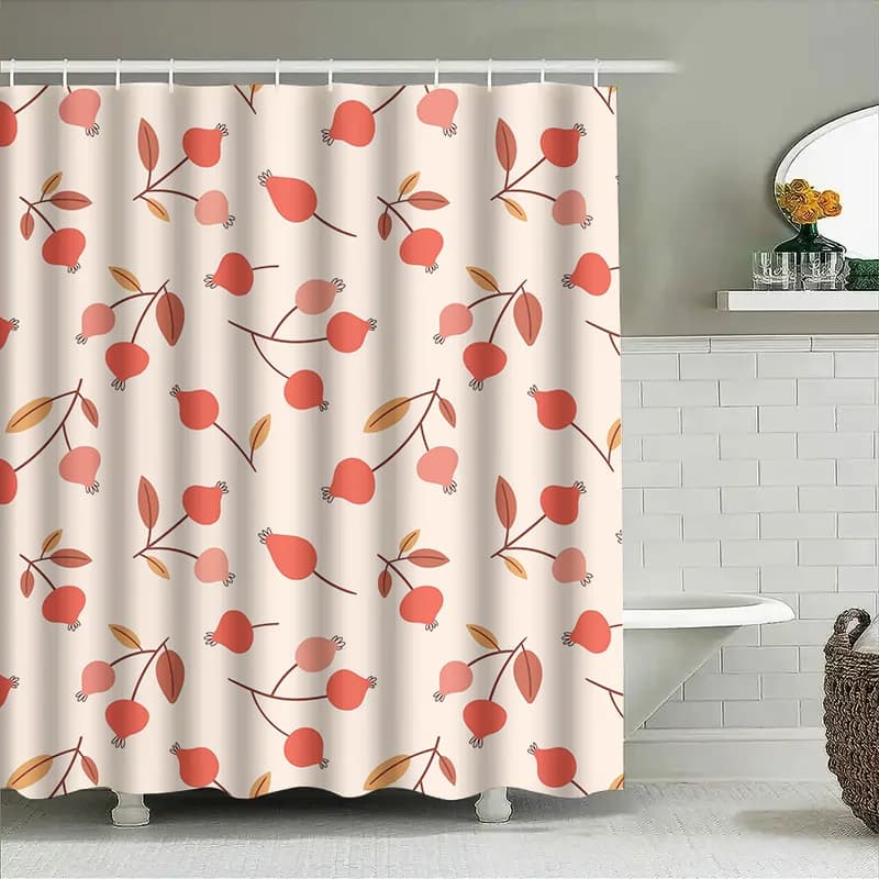 Modern Floral Fruit Print Shower Curtain Waterproof Bathroom Decorative Liner Red Apple Design (230x185cm)