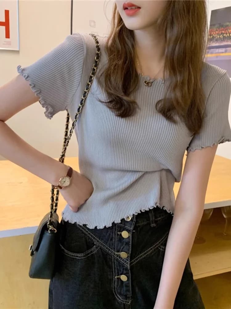 Summer 2026 New Style Grey Ice Silk Short Sleeve Knitted Top Women's Slim Fit High Waist Short Length T-Shirt Cute Japanese S...