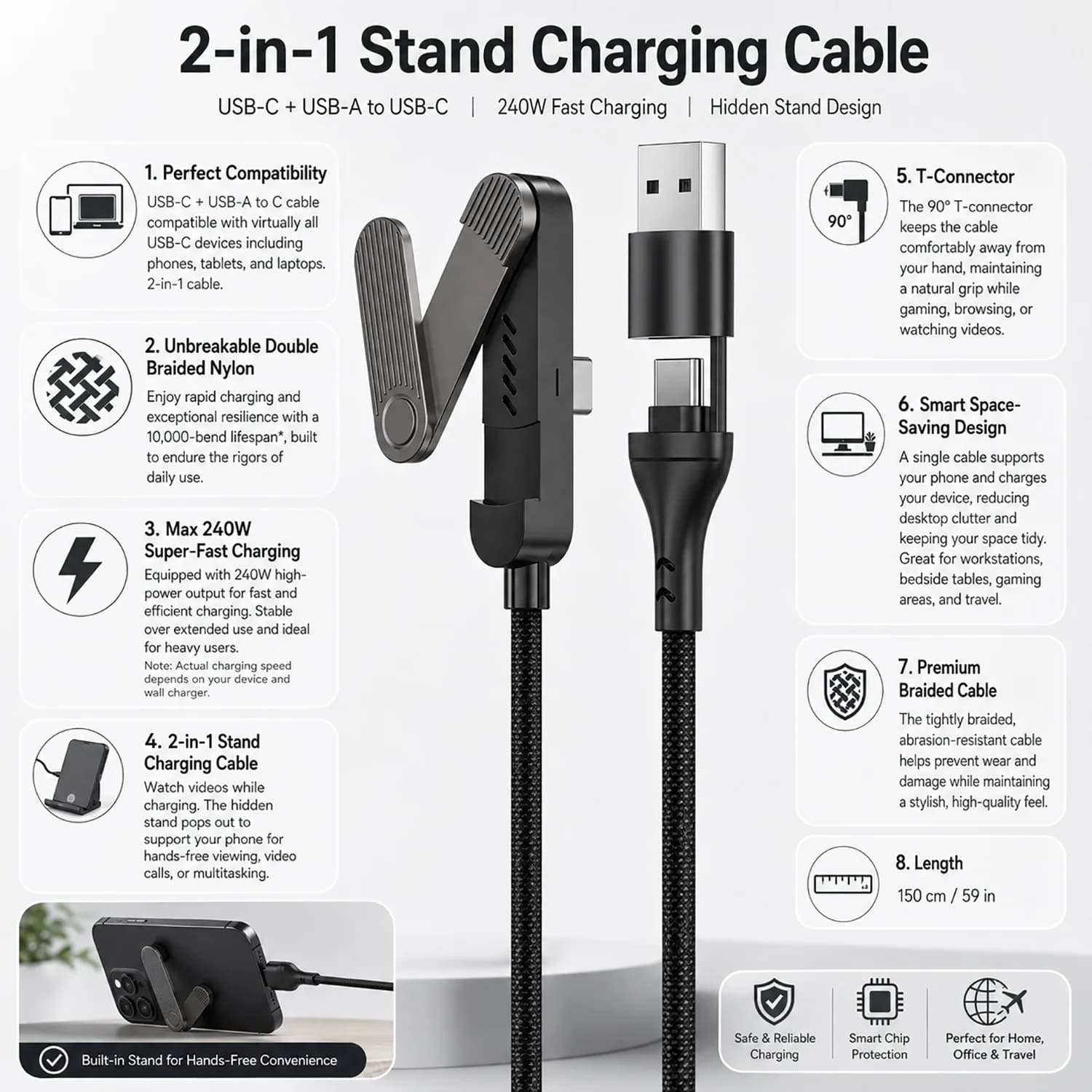 240W Fast Charging Cable with Integrated Phone Stand Powerful Charging Foldable Phone Stand Data Cable for iPhone 17 Tablets