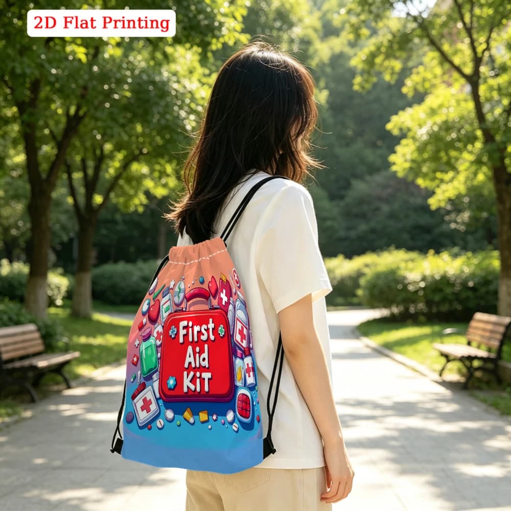 2D Flat Printing, Drawstring Backpack, First Aid Kit Pattern, Fitness Sports Backpack, Outdoor Travel Drawstring Bag