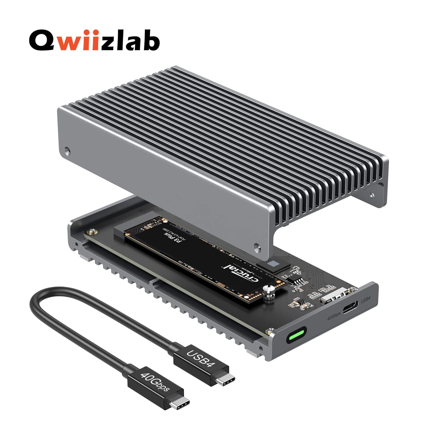 QWIIZLAB Custodia SSD USB4 M.2 NVMe senza ventola, 40 Gbps Type-C, PCIe Gen 4 UASP, Adatto a dimensioni 2280/2260/2242/2230 mm, Supporta M Key B&M Key, Robusta custodia in alluminio (Grigio)
