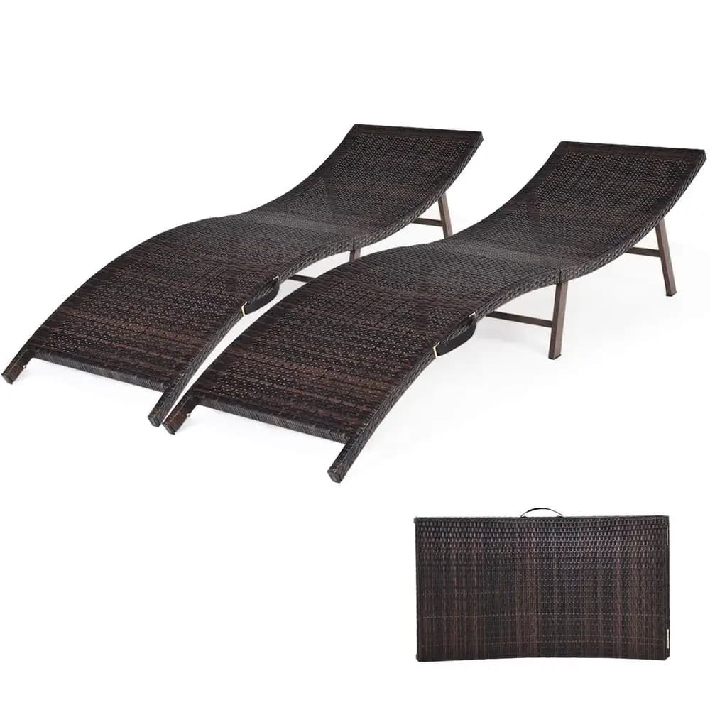 Set di 2 Chaise Longue da Patio, Sedia a Sdraio Pieghevole in Vimini per Esterni, con Cuscini Bifacciali, Adatta per Giardino e Bordo Piscina