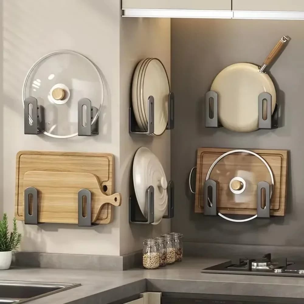 yes2pcs/set Pot Lid Rack Pot Cover Cutting Board Holder Sponge Storage Shelf Kitchen Bathroom Wall Mounted Organizer Rack Access