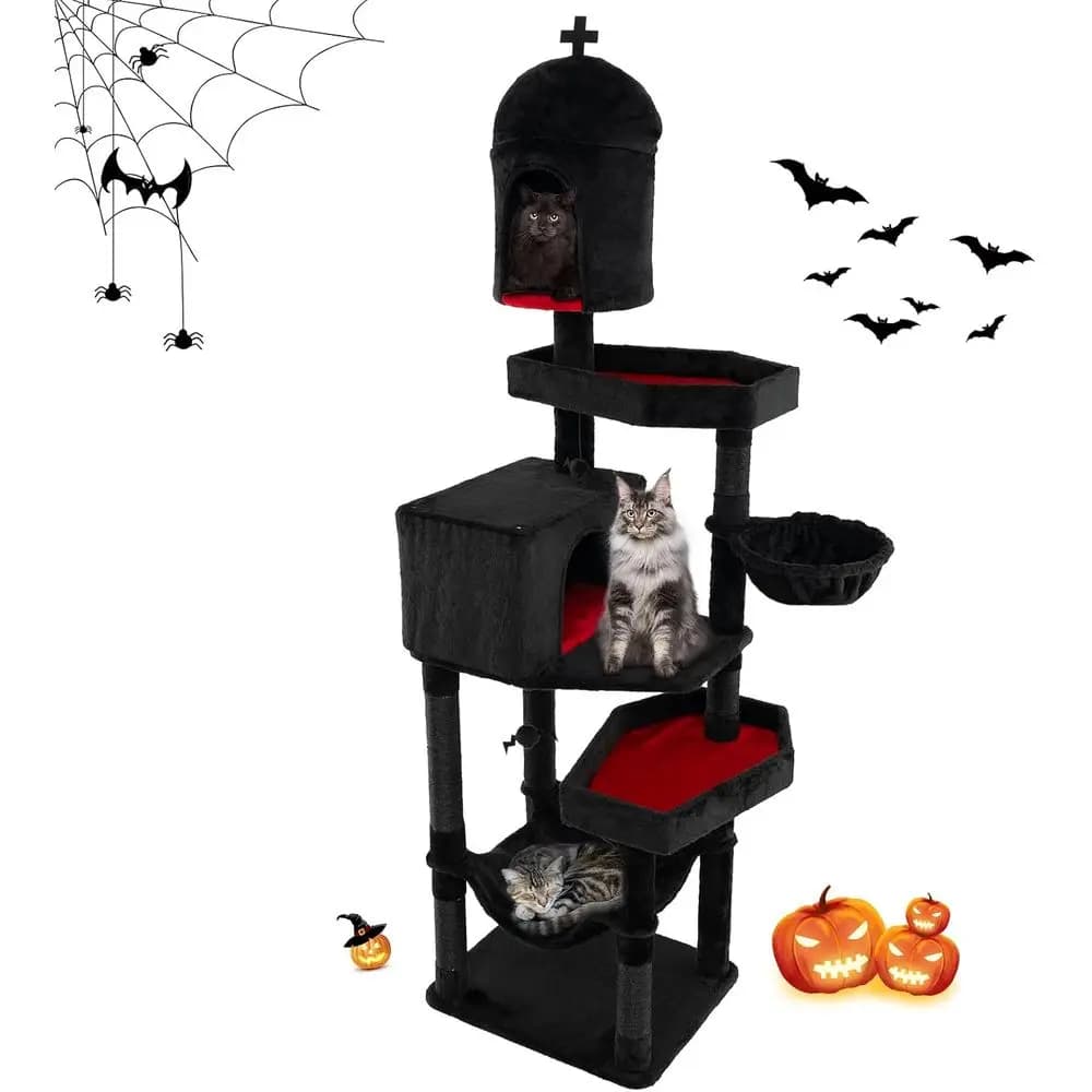 Torre per Gatti Alta 83 cm con Tiragraffi in Sisal, 2 Letti, 2 Cucce, Amaca, Cesto, Arredamento a Tema Halloween per Gatti Neri Gotici