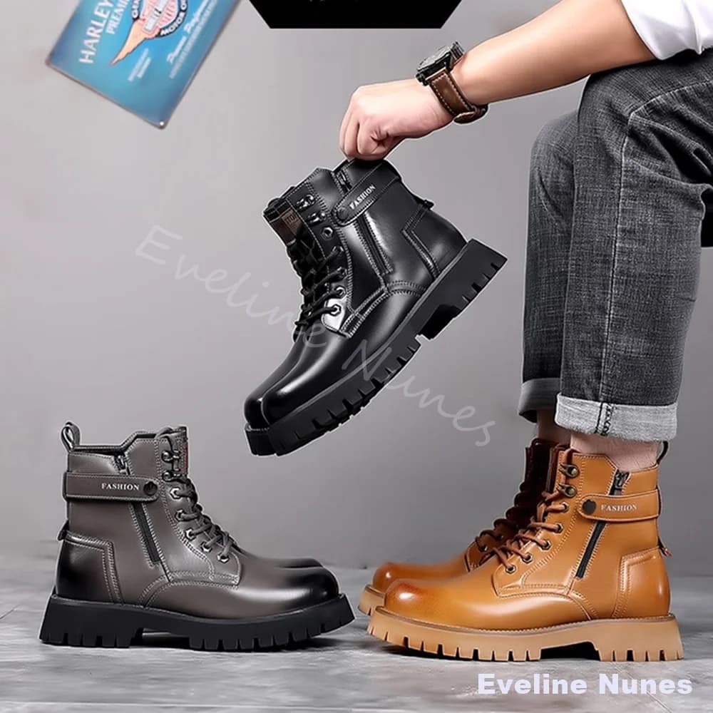 Men Gradient Gray Leather Ankle Boots Round Toe Buckle Strap Lace Up Work Shoes Street Hiking Biker Daily Motorcycle Boots