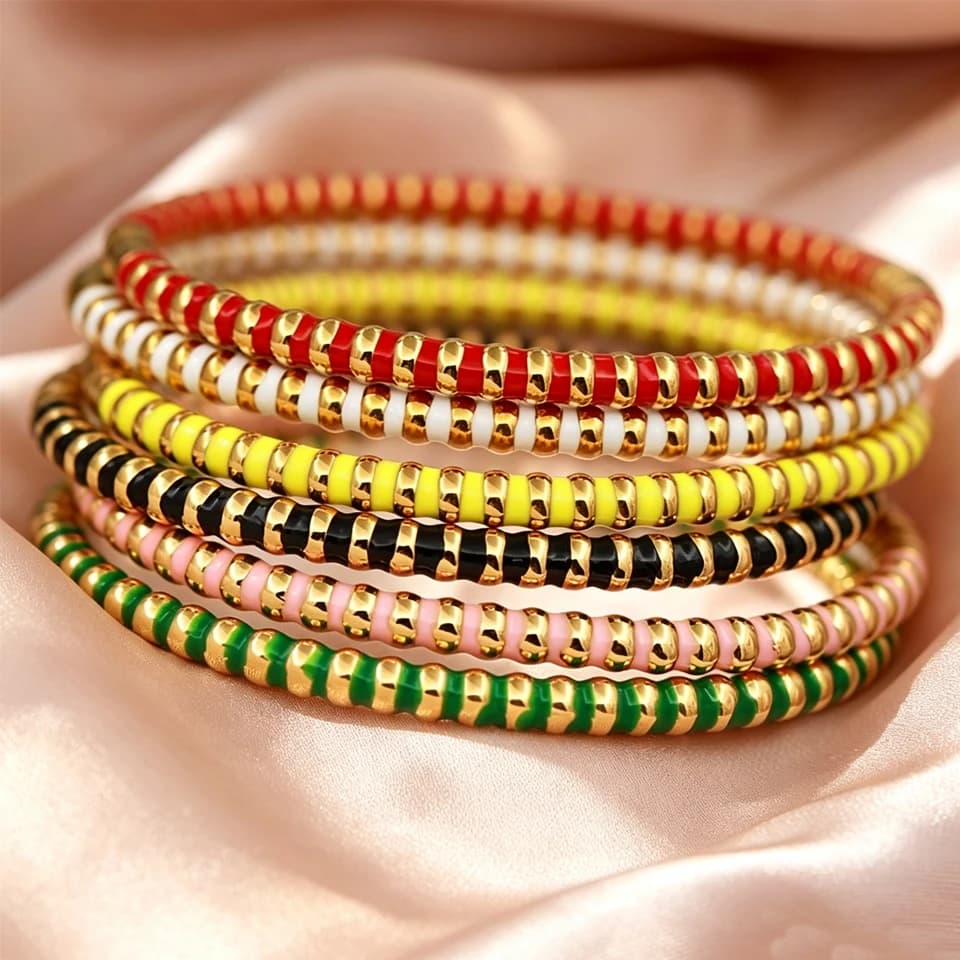 Yupsk Trendy Stainless Steel Metal Oil Painting Beads Bangles Bracelet for Women Simple Style Bangle Personalized Wrist Jewelry