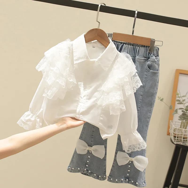 Camicia con colletto per bambola in pizzo per bambina nuova primavera e autunno con abito di jeans con fiocco Set da 2 pezzi di capispalla per bambini alla moda e belli