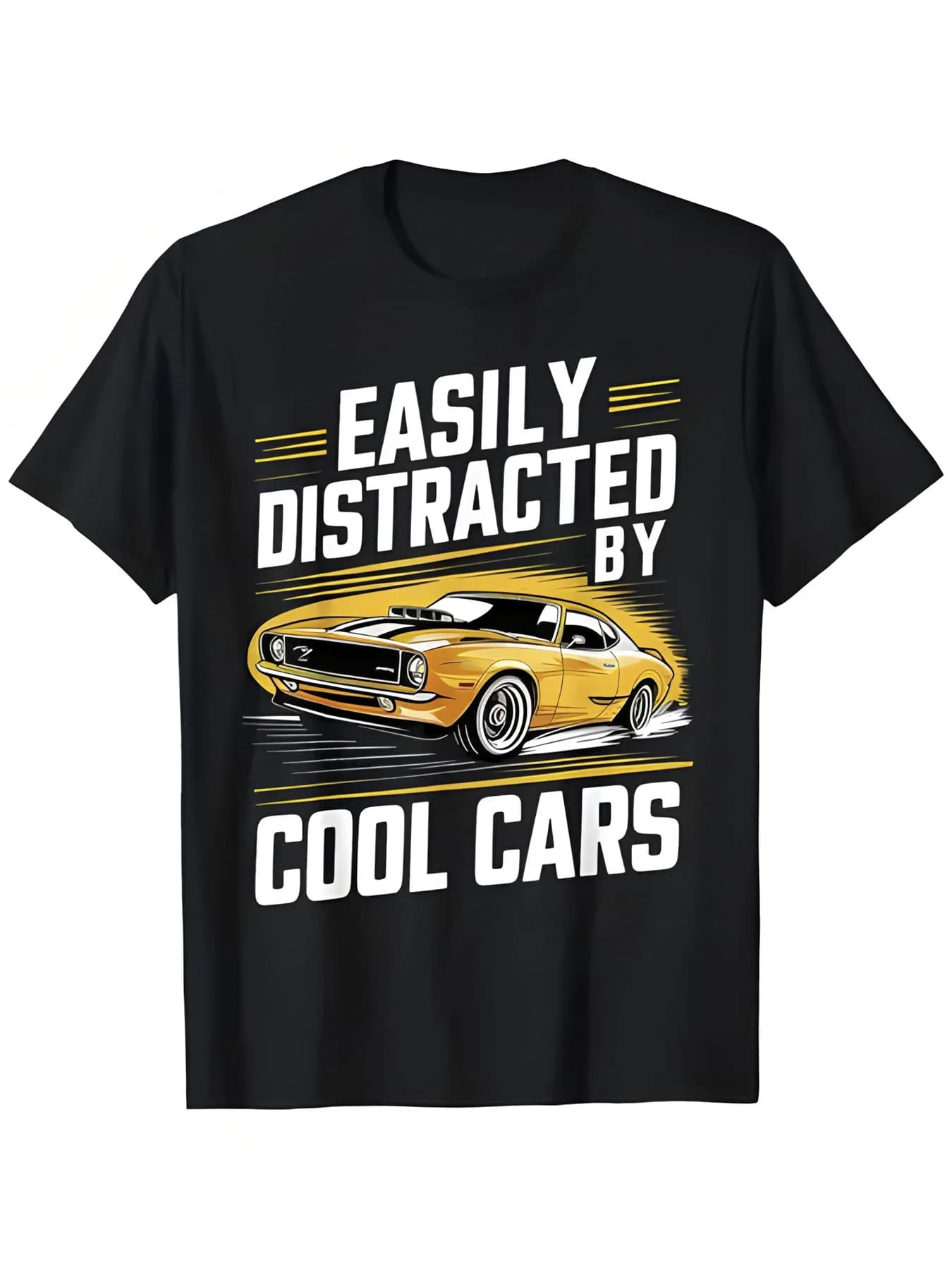 T-shirt nera da uomo con grafica 'EASILY DISTRACTED' e design classico di auto sportive - Casual, manica corta, girocollo
