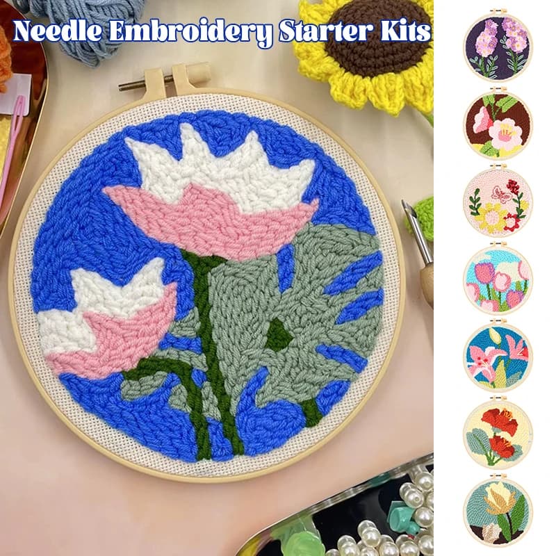 1Set Embroidery Floral Pattern DIY Punch Needle Embroidery Kit with Yarn Starter Kit Poking Cross Stitch Tools For Knitting
