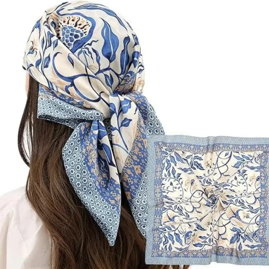 Sciarpa Quadrata in Seta Imitazione Melograno Floreale da 68 cm per Donna, Azzurra, Semplice e Versatile, per Capelli e Abbigliamento