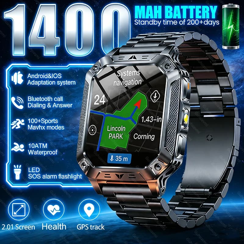 Smartwatch Militare 2026 con Batteria da 1400mAh, Chiamate Bluetooth, Schermo AMOLED, Cardiofrequenzimetro, Impermeabile 10ATM per Nuoto
