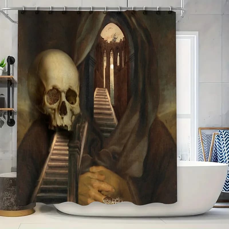 Gothic Dark Fantasy Shower Curtain Medieval Castle Horror Macabre Spooky Halloween Decor Room Divider Tapestry Wall Hanging