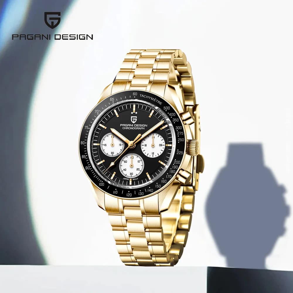 Nuovo Orologio PAGANI DESIGN 2026, Orologio al Quarzo di Lusso Completamente Dorato per Uomo, Acciaio Inossidabile, Vetro Zaffiro AR, Cronografo