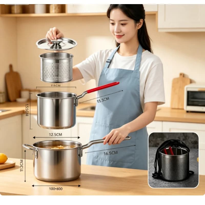 Pentola per frittura profonda in acciaio inossidabile con filtro, padella multiuso per tempura, patatine fritte e pollo, utensile da cucina per uso domestico