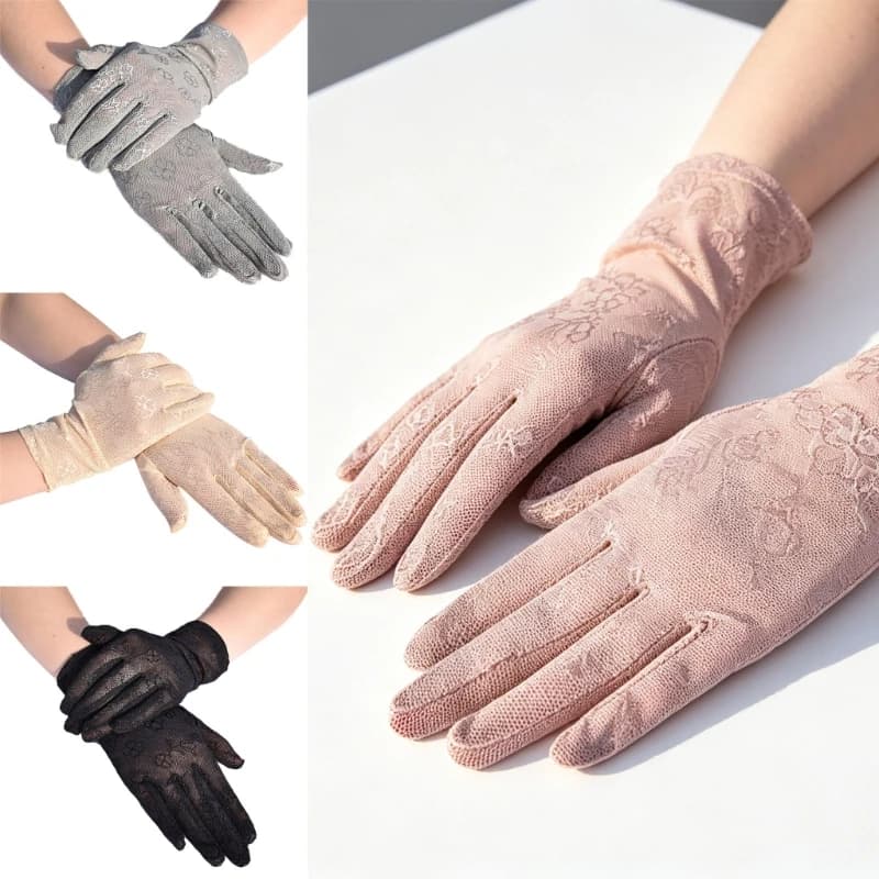 Q39C Wedding Lace Gloves Short Full Finger Black Gloves for Women and Girls Gift