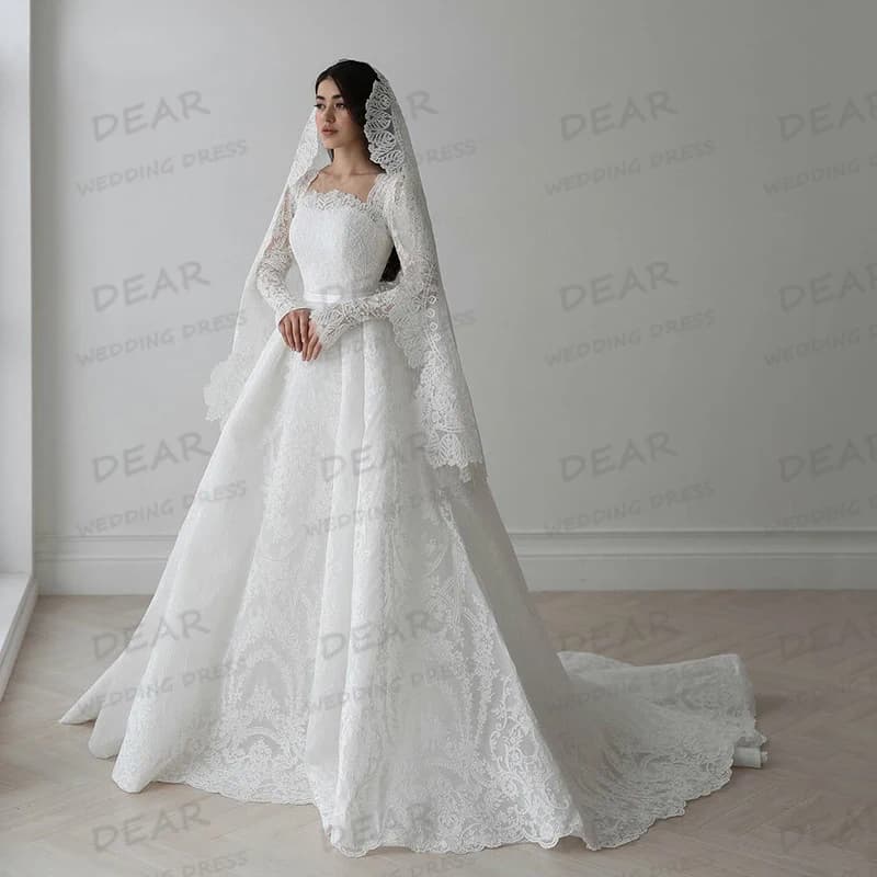 Abito da sposa elegante Boho di lusso A-Line Appliques Fiori Manica lunga Abiti da sposa da donna Principessa Vestido De Novia personalizzato