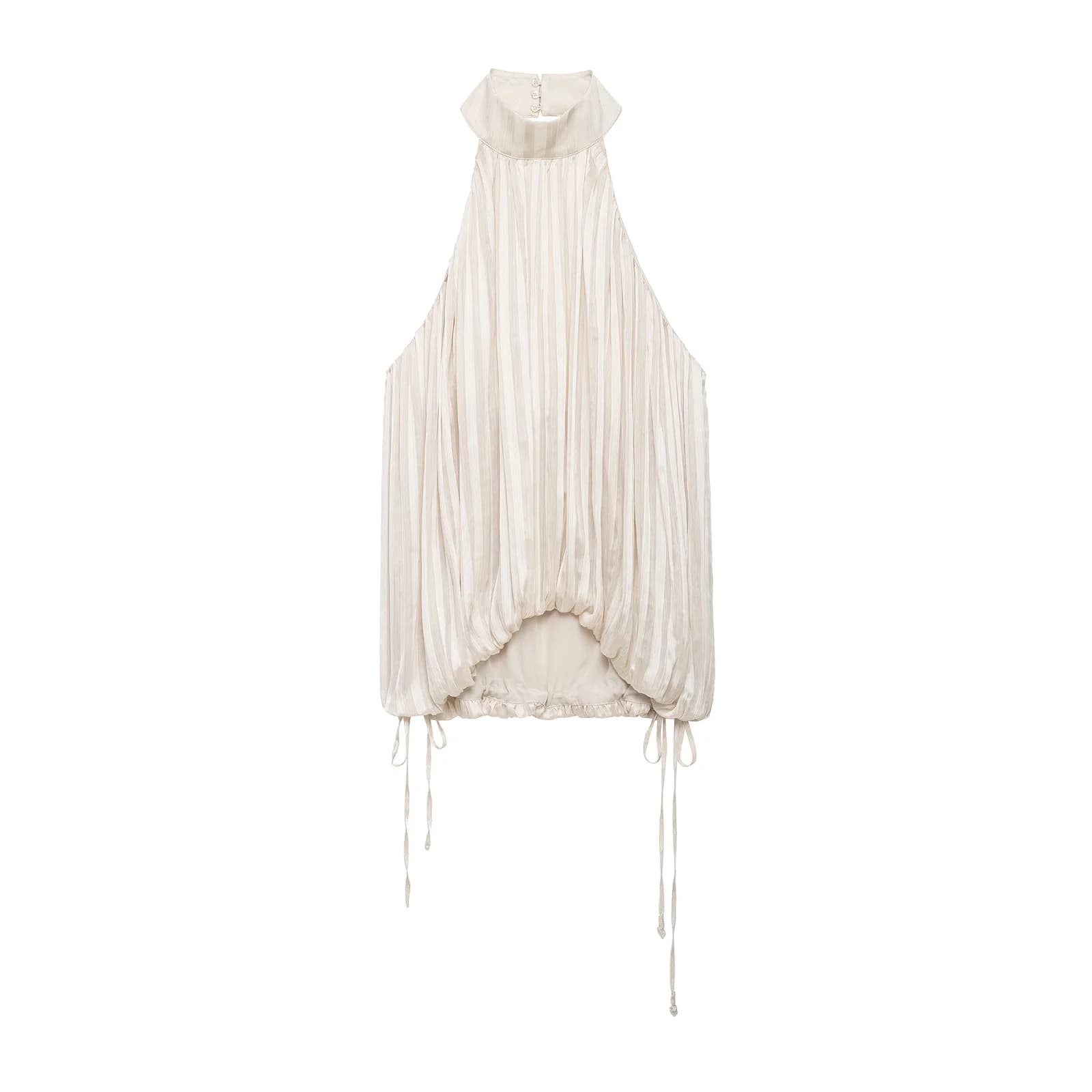 Fanan Women Fashion Beige Pleated Lace Up Backless Tank Tops Vintage Halter Neck Sleeveless Female Chic Lady Tops