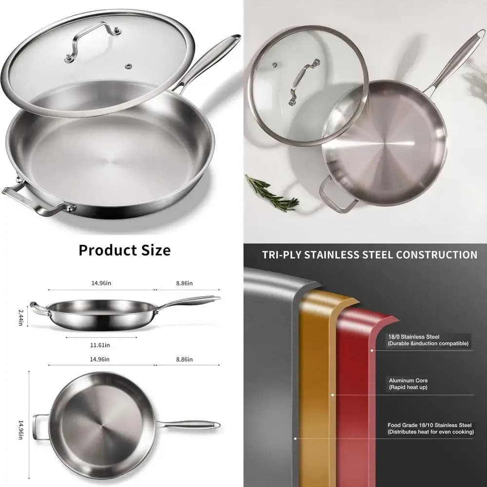 14.2 inch stainless steel pan, triple pan with lid, oven safe up to 600 °F, fast cooking, durable pots for everyday U
