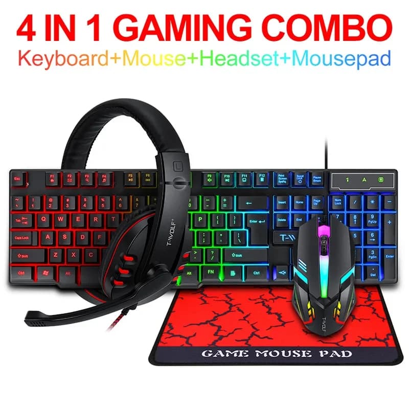 T-WOLF gioco quattro pezzi TF800 illuminato Mouse tastiera auricolare Mouse Pad Set 4 in1 Gamer accessori tastiera e Mouse da gioco