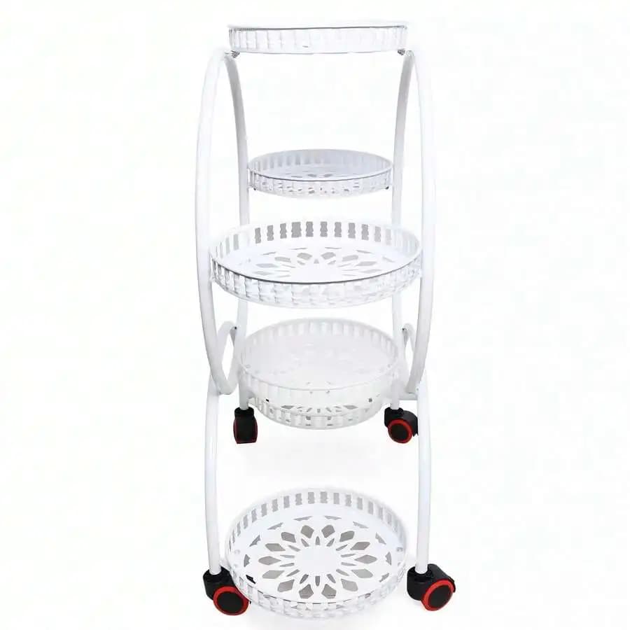 Indoor Metal Plant Stand With Wheels, Elegant White Flower Pot Rack For Home And Office Decor, Versatile And Portable Design