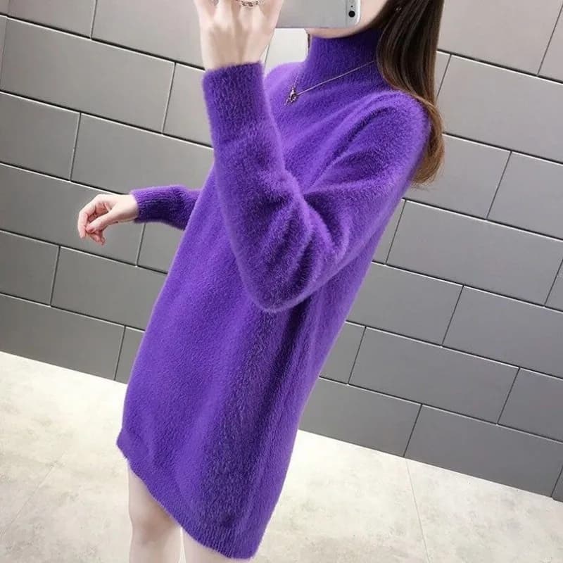 Autumn Winter New Women Korean Fashion High Collar Warm Basic Knitted Sweater Solid Long Sleeve Loose Pullover Tops Tunic Jumper