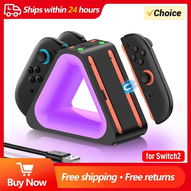 Dock di ricarica per controller Switch2 Stazione di ricarica rapida con 4 porte di ricarica, 7 modalità luce RGB e cavo di ricarica di tipo C