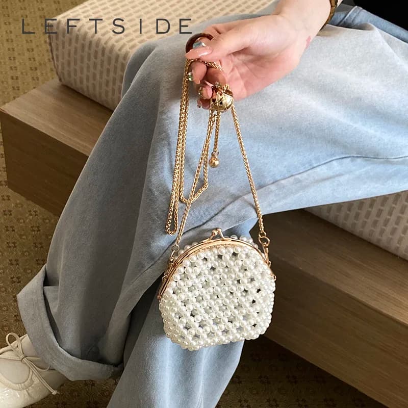 Mini Elegant Pearl Beaded Kiss Lock Evening Bag for Women Round Crossbody Purse with Adjustable Gold Chain 2026 New Trend