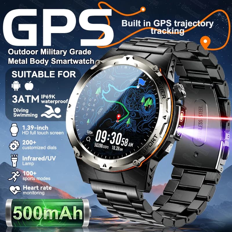 2025 Nuovo Grado Miliario GPS Astuto Della Vigilanza Degli Uomini 3ATM Impermeabile Lampada UV A Infrarossi 500mAh Batteria NFC Chiamata Bluetooth Sport Smartwatch