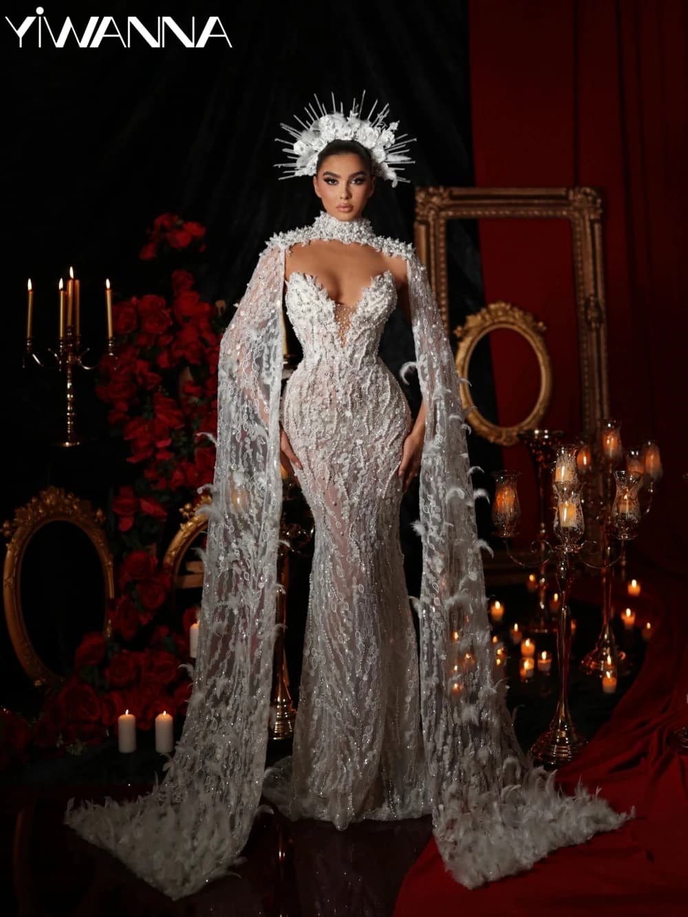 Sexy Illusion Deeo Abito da sposa con scollo a V Paillettes scintillanti Perle Abito da sposa Sirena di lusso Abito da sposa Vestido De Novia personalizzato