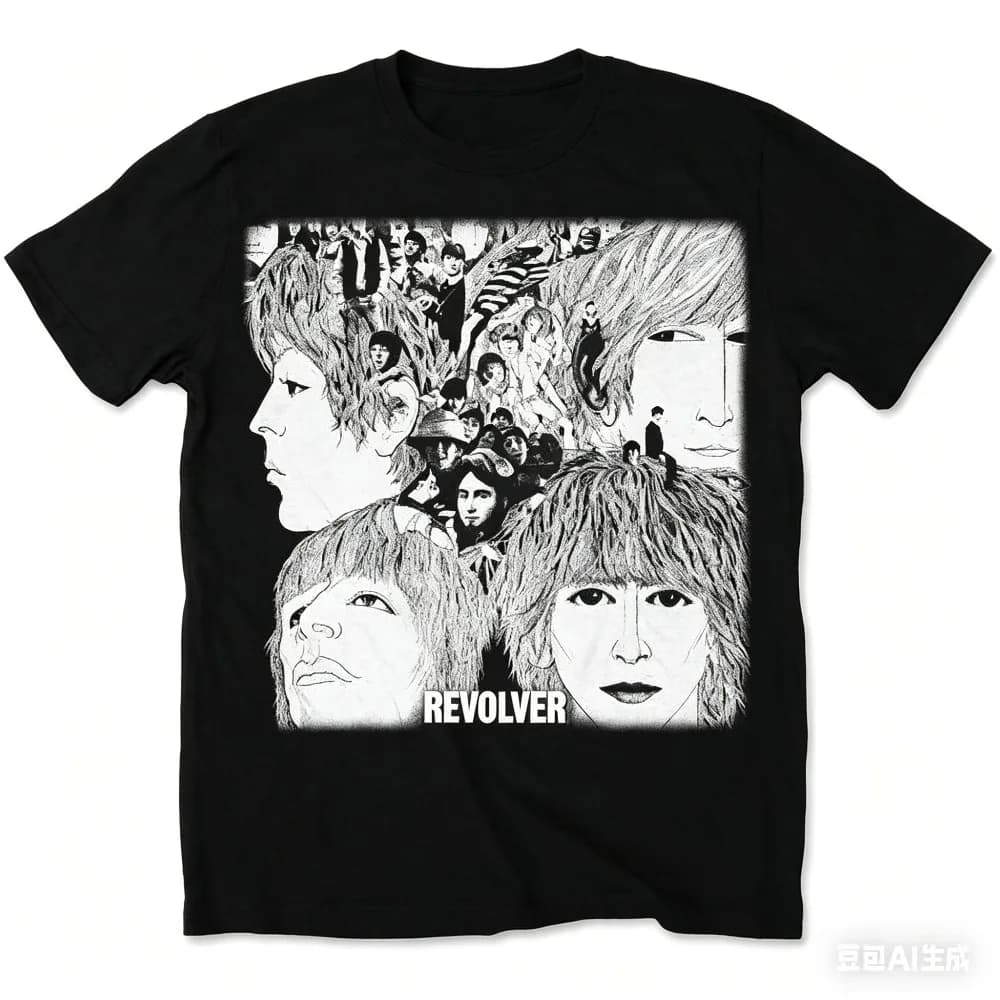 T-shirt grigia con copertina dell'album Revolver dei Beatles, maglietta classica da uomo in stile rock, perfetta per i fan che adorano l'abbigliamento dall'estetica psichedelica