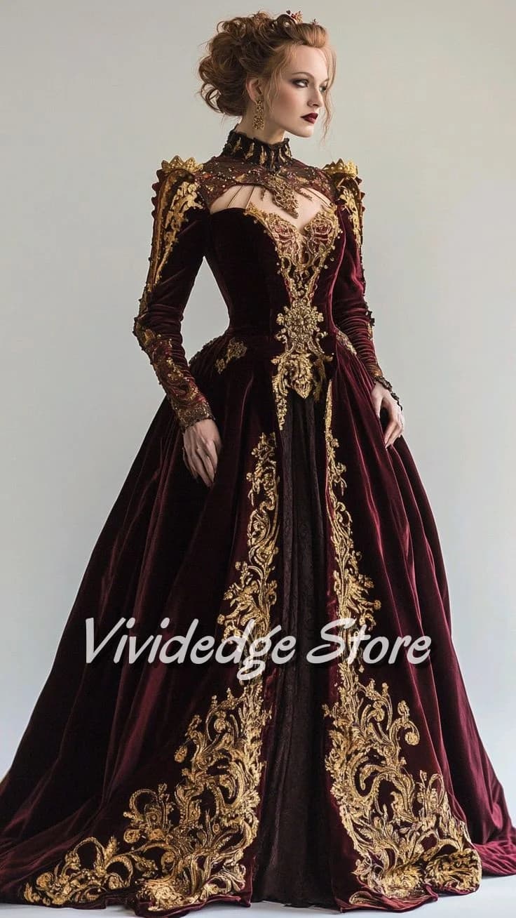 Elegante e lussuoso abito da ballo bordeaux a maniche lunghe in pizzo dorato con perline ricamate in velluto Abito da sera vintage Parte di ispirazione araba